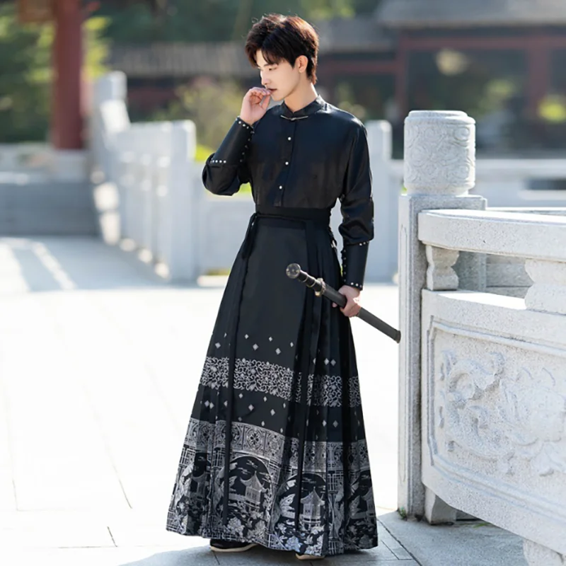 Large Size 4XL Hanfu Horse Face Skirt Men Chinese Traditional Weaving Gold Hanfu Pleats Skirt Black Sets Cloak Plus Size 3XL