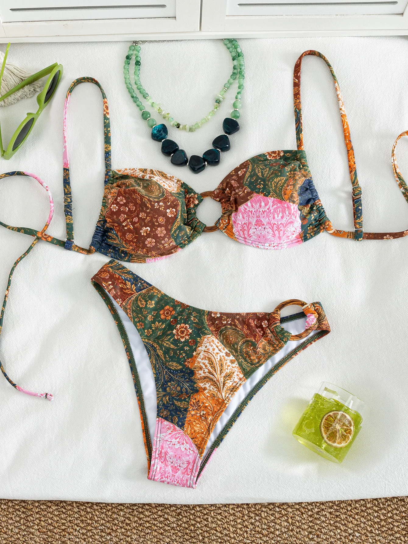 sexy vintage flower print ring bikinis sets two pieces back tie swimsuits bathing suit swimwear trikini biquini tankini trikini
