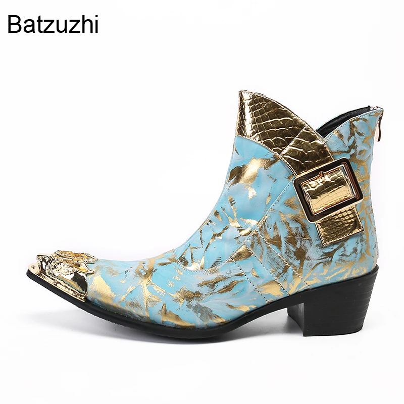 Batzuzhi Light Blue Genuine Leather Boots Men Luxury Handmade Men's Boots Golden Iron Toe Ankle 6.5cm Heels Party Boots! 38-46