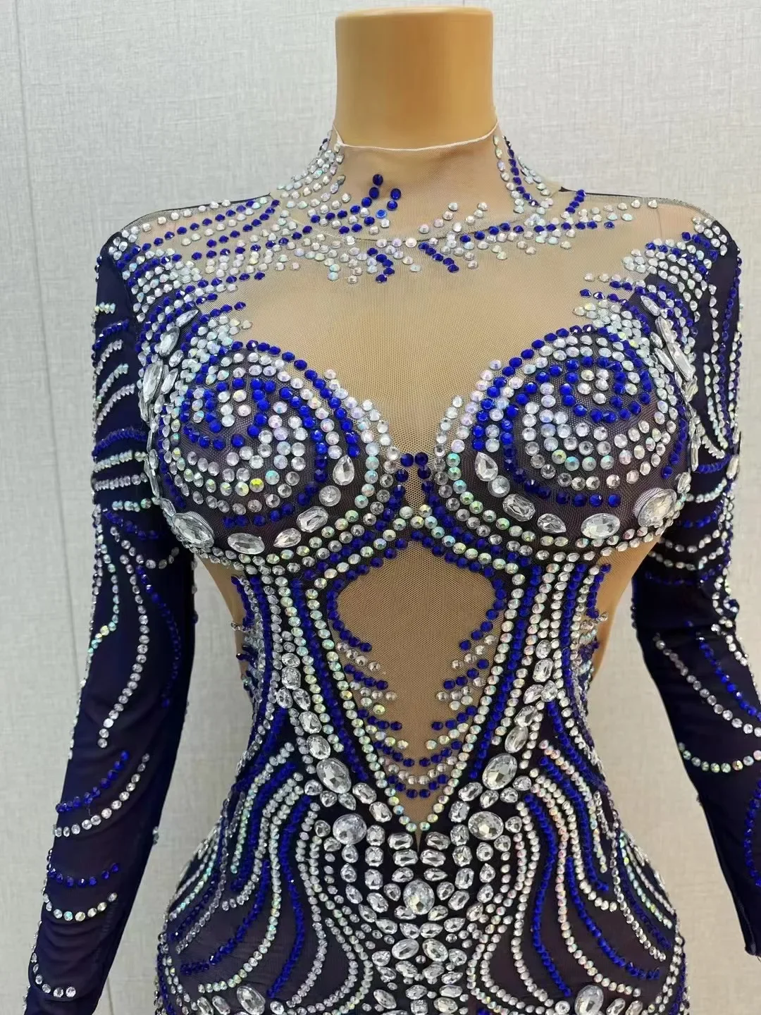 Traje de cumpleaños para celebración, vestido largo azul, traje de Club nocturno, malla transparente con diamantes de imitación, vestido para sesión de fotos