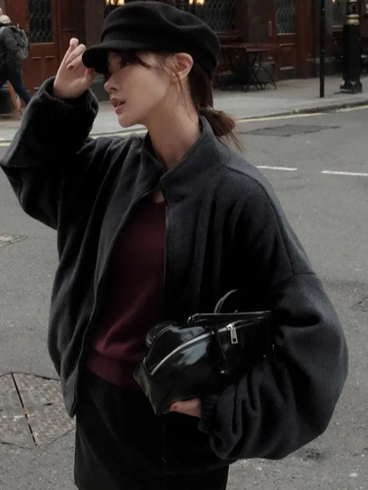 Felpa coreana Sle Lazy Autunno Inverno Casual Faion Stand Colletto Jaet Felpa da donna versatile e calda dal design Fce