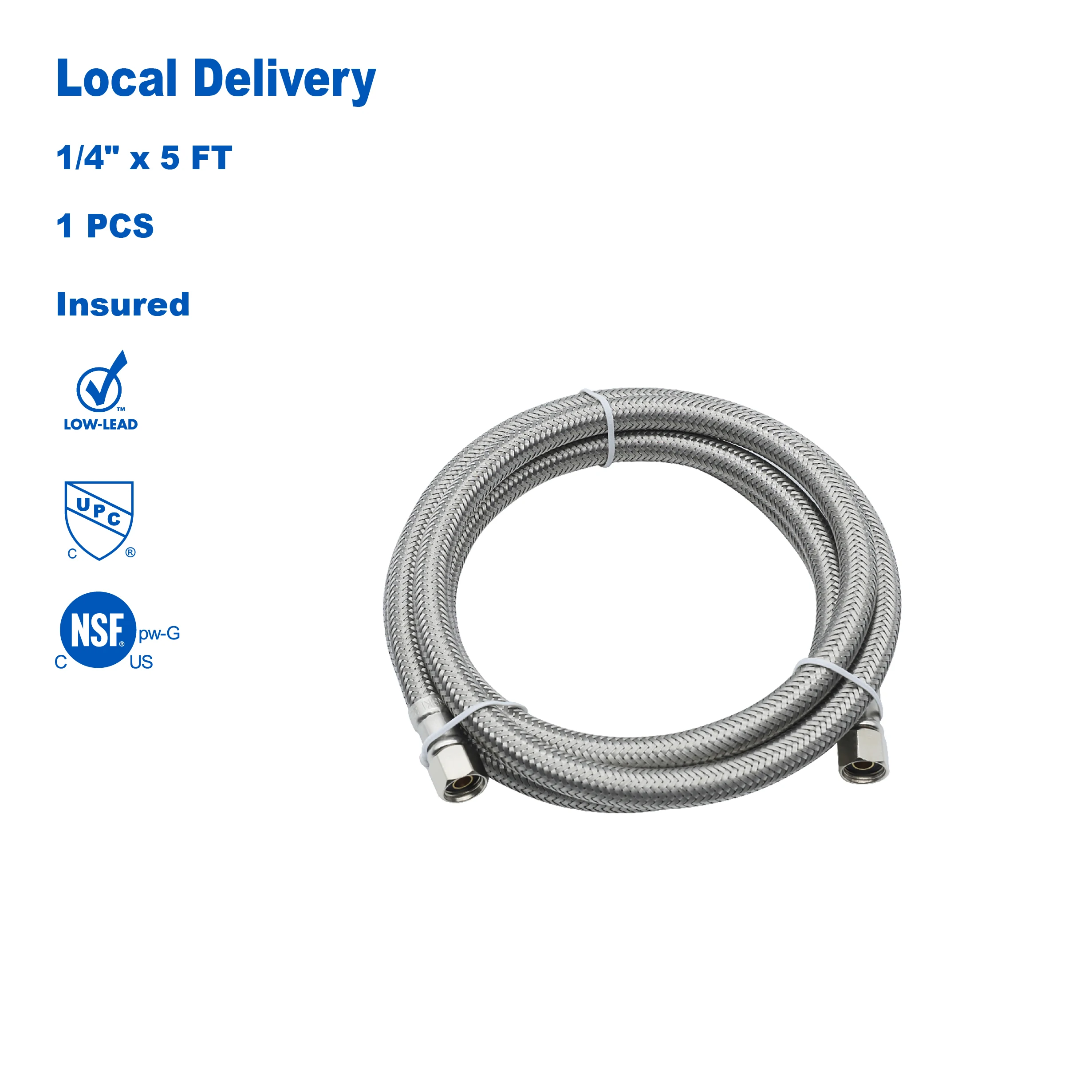 

KING SMART 5 FT Ice Maker Water Line With 1/4" Fittings; Premium SS Braided; Burst Proof; Food Grade PEX Inner Tube; 81050