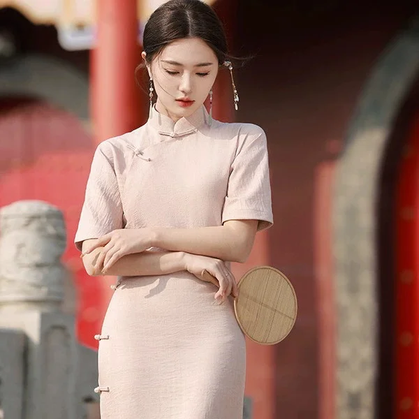 فستان شيونغسام طويل من القطن والكتان باللون الوردي للفتيات لربيع وصيف 2025 فستان أنيق جديد #4