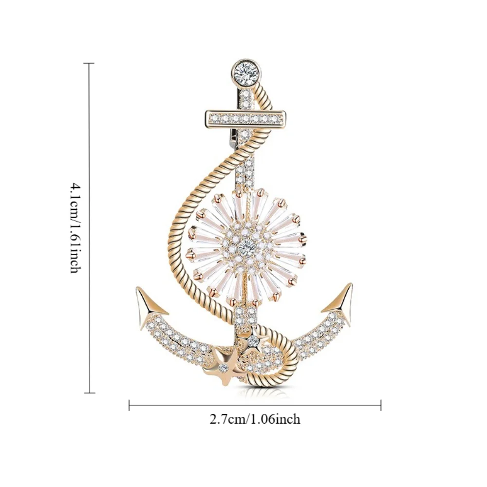 1 Pcs Golden Anchor Shaped Full Diamond Brooch Exquisite Diamond Studded Pin Suits Coats Shirts Decorative Accessories