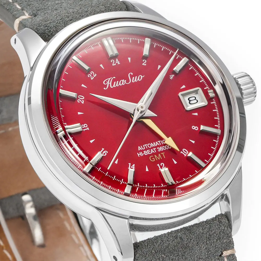 HUASUO 39mm GMT Watches For Men 316L Stainless Steel Wristwatch Automatic Mechanical Movement NH34 5Bar Waterproof Timepiece
