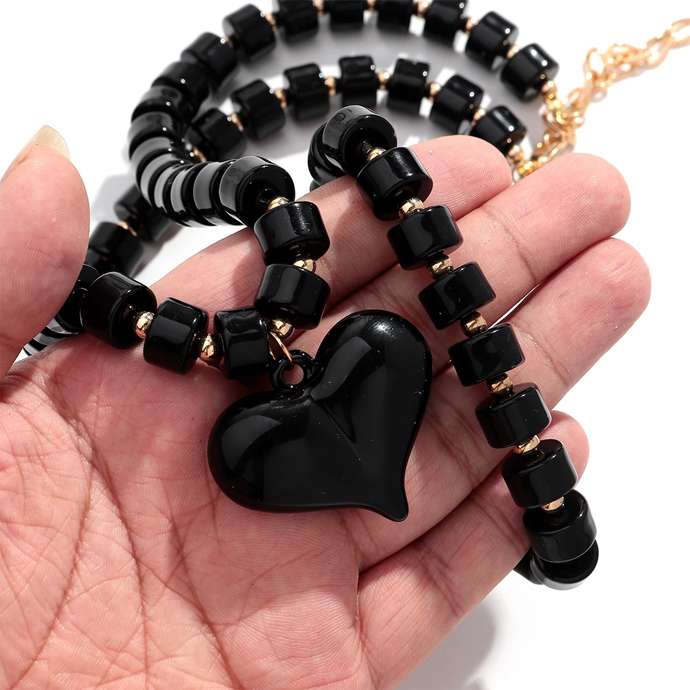 Gothic Acrylic Black Beaded Bracelets Necklace Set for Women Fashion Heart Pendant Choker Necklaces 2025 New Jewelry