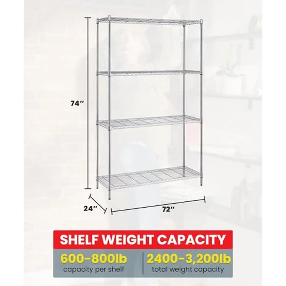 4-Tier Wire Shelving Unit Chrome Finish 24'W x 72'L x 74'H Heavy Duty NSF Certified Detachable Expandable Wire Shelves Storage