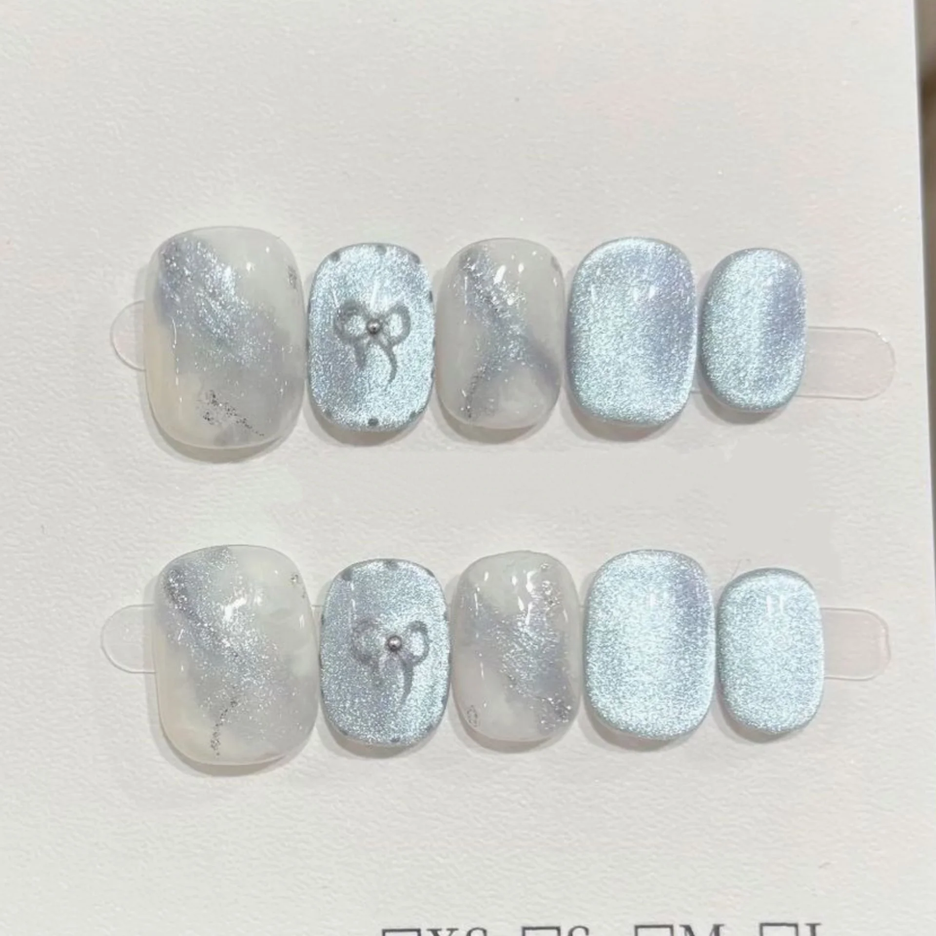 10개 블루 캣츠아이 핸드메이드 프레스온 네일 여름 과일 숏 네일 팁 스퀘어 라운드 인조 네일 아트 웨어러블 가짜 네일 세트