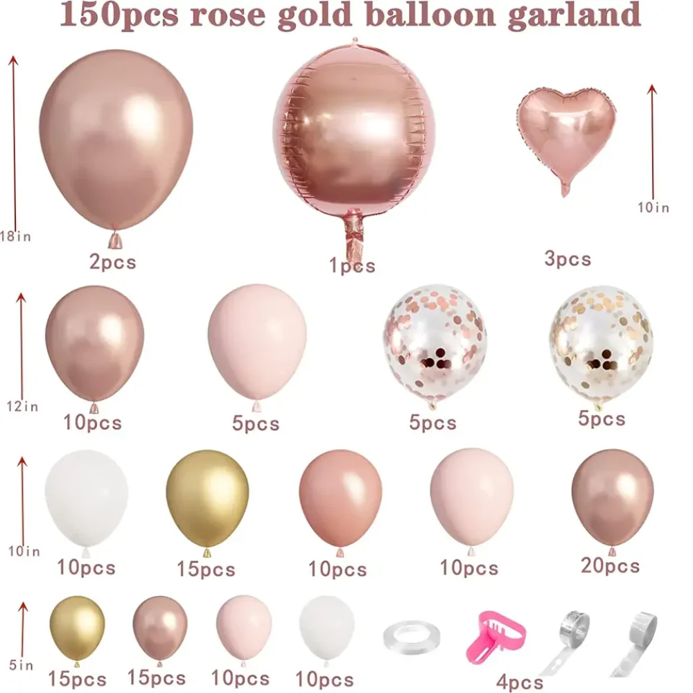 146Pcs Pink Rose Gold Balloon Garland Arch Kit Confetti Latex Balloons Party Balloons for Wedding Bride Girl Birthday