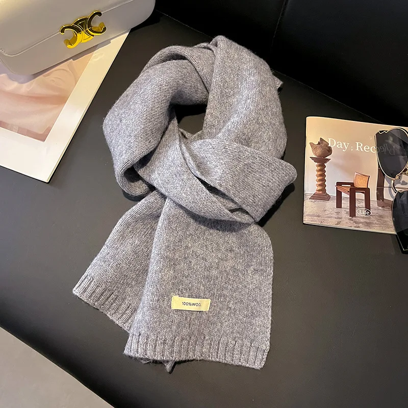 Winter Warm Scarves Fashionbale Trend Knitted Scarf Women 100% Wool Bright Solid Color Design Thickened Soft Cashmere Shawl