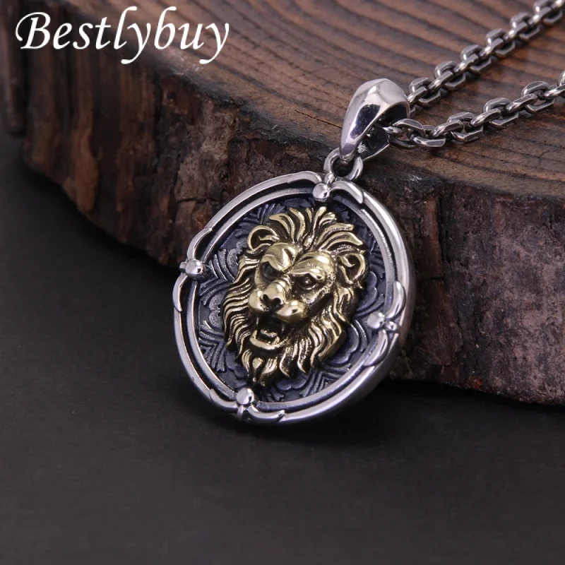 

Real 925 Sterling Silver Lion Head Round Pendant Necklace for Men Brass (Yellow Part) Animal Punk Jewelry