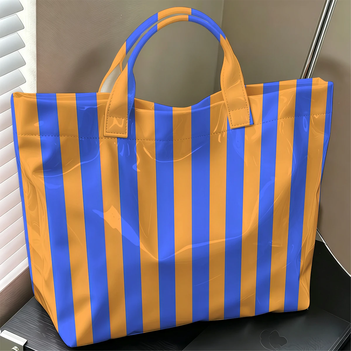 Blue Pink Line Fashion Large Glossy PVC Tote Bag Hand Washable Waterproof Perfect Travel Commute Cosmetic Storage Shopper