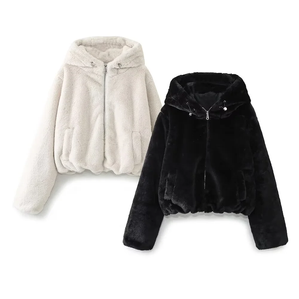 TRAF 2024 Autumn New Product Women's Temperament Slim fit Loose and Versatile Artificial Fur Effect Hooded Jacket Coat