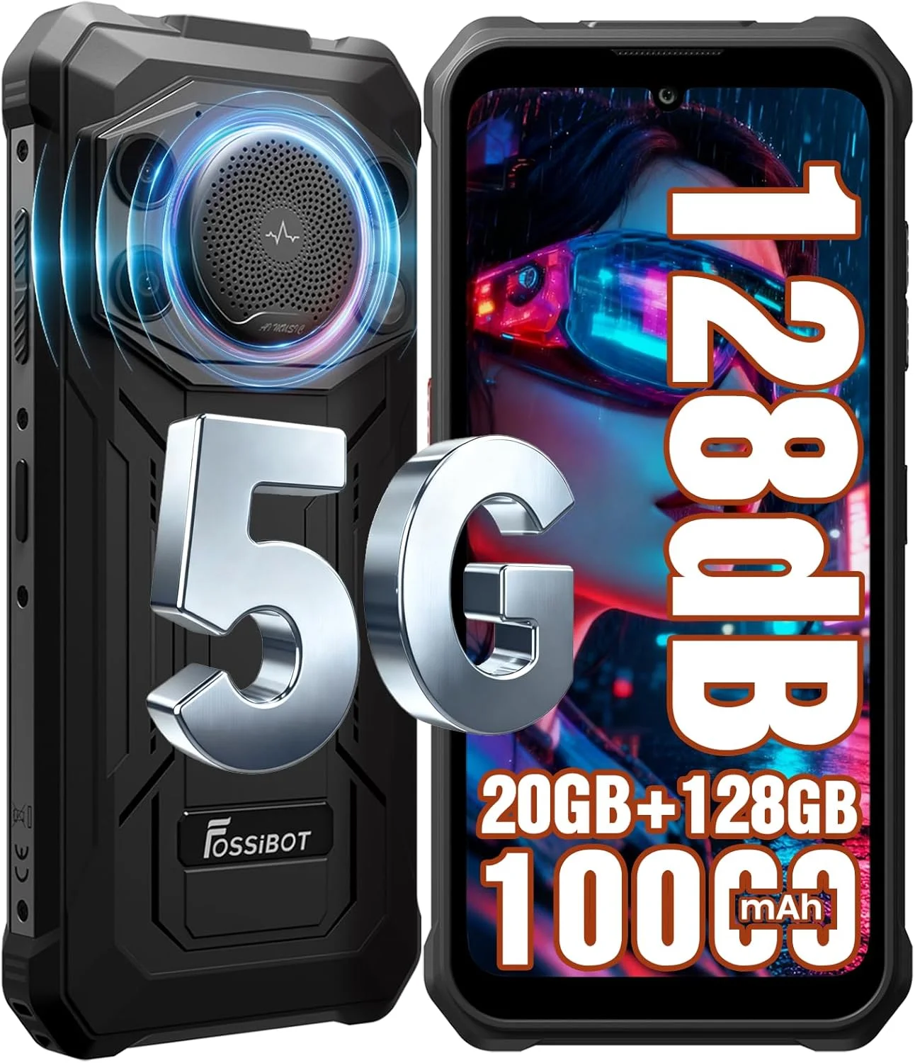 FOSSiBOT F110 Pro Rugged Smartphone Unlocked 5G Android 15, 128dB Loudest Speaker 20GB+128GB /2TB 10000mAH, 6.7'' HD Display