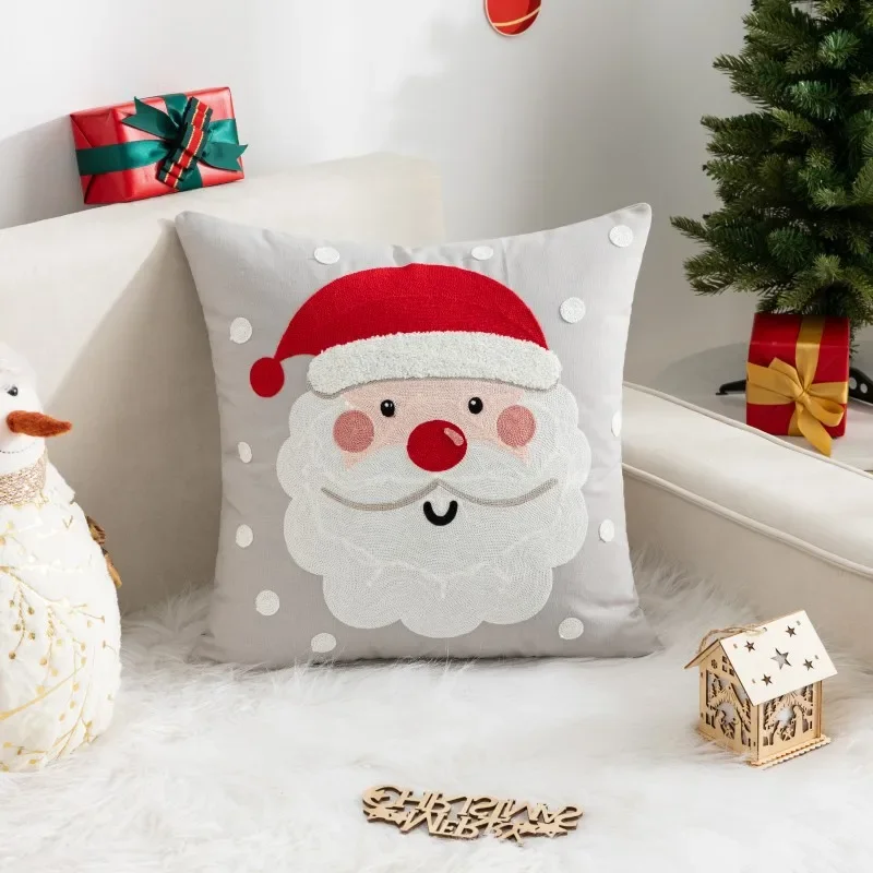 Juste de coussin brodée imprimée de dessin animé de Noël, taie d\'oreiller décorative, père Noël, canapé à la maison