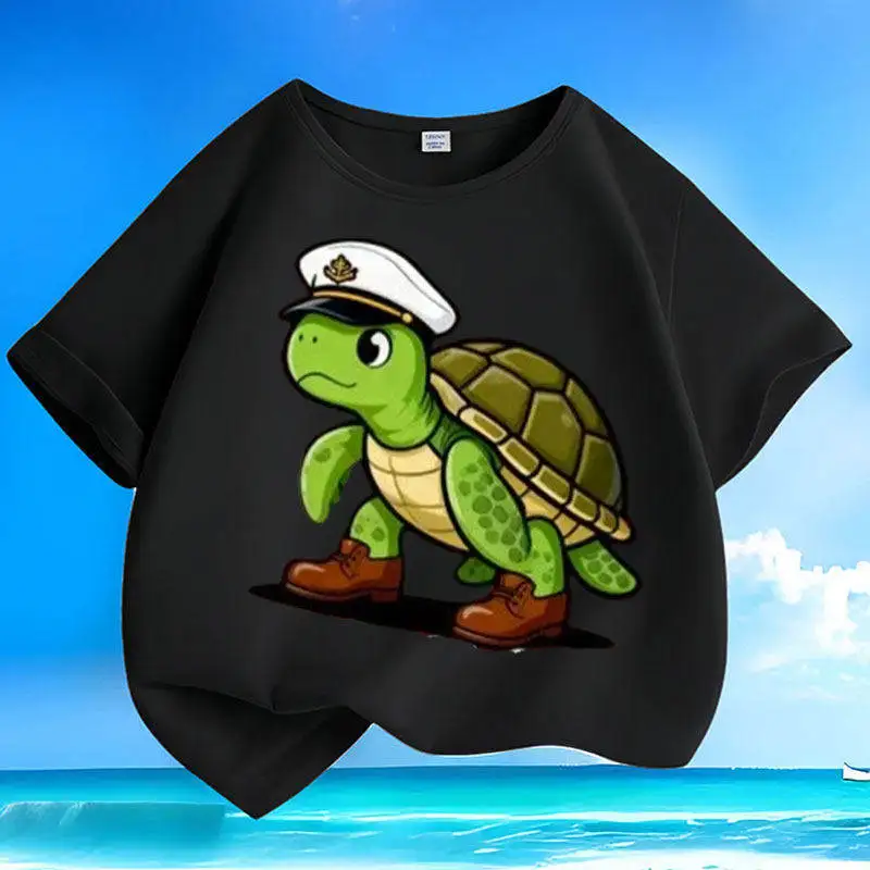 Cartoon Turtle Short Sleeved Men's and Women's Small and Medium-sized Round Neck Loose T-shirt Casual Parent-child Top Trend
