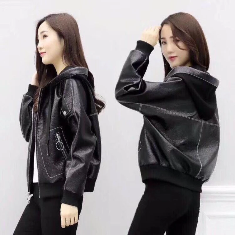 

Spring Autumn Cool Handsome Soft Vintage Distressed Black Pu Leather Hooded Jacket Women Long Sleeve Luxury Designer Clothing