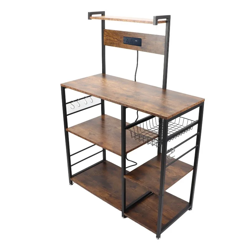 Microwave Oven Stand Steel Pipe Strong Load Bearing Kitchen Storage Shelf Rack Coffee Bar Station with Power Supply for Spices