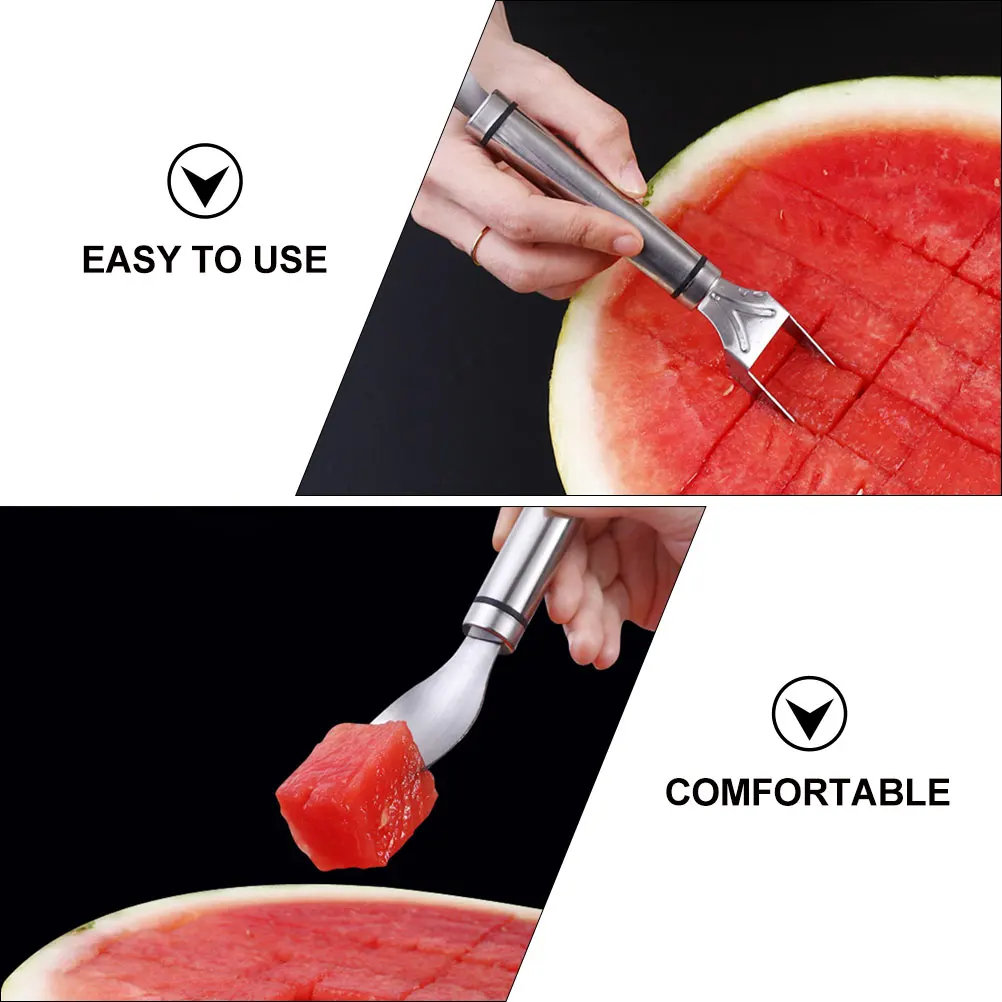 

1pc 2-In-1 Stainless Steel Watermelon Slicer Fork Spoon Fruit Cutter Kitchen Gadget Portable Spork Scoop Melon Cutter For Family
