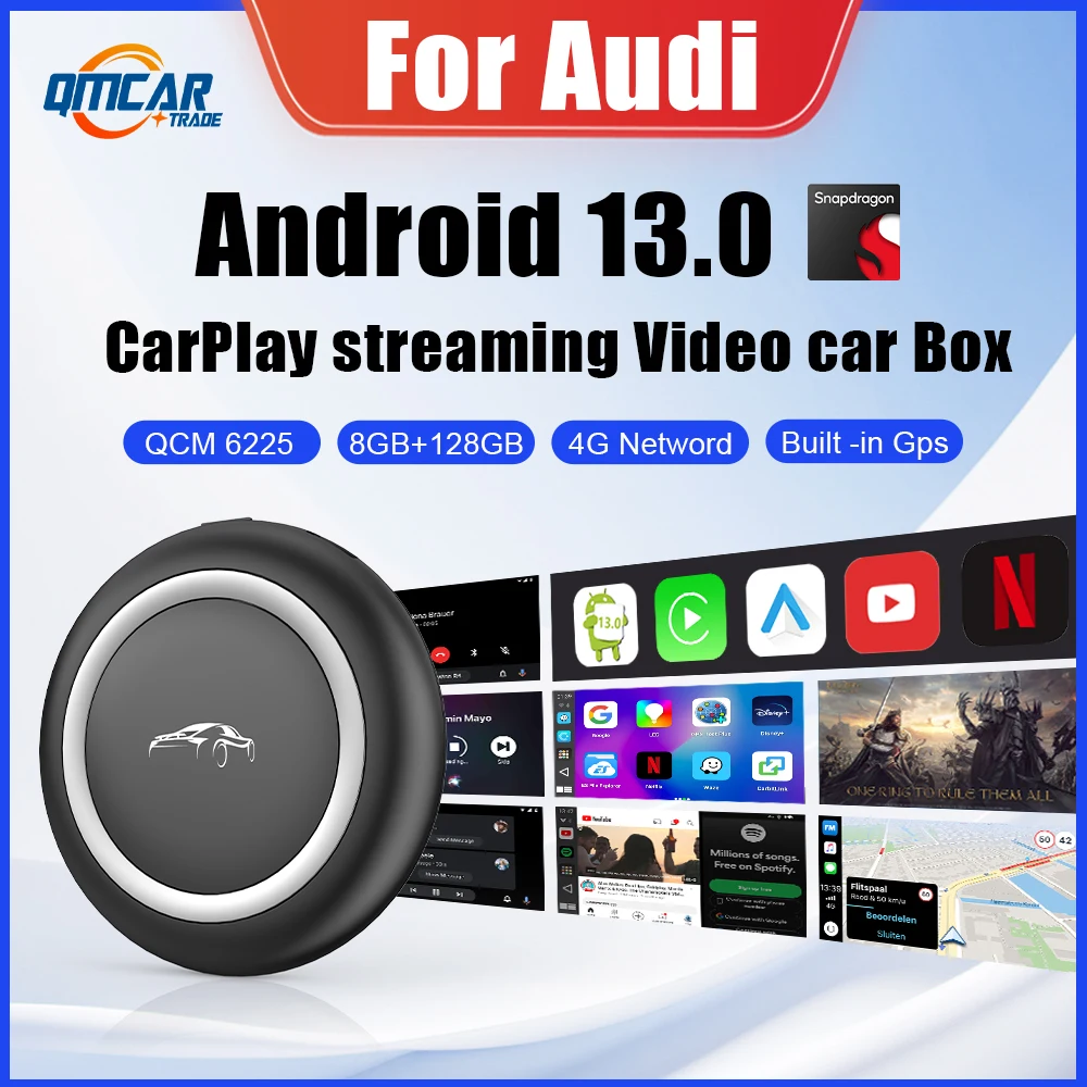 

Беспроводной Carplay Android Авто Android 13 QCM6225 адаптер для Youtube Netflix для Audi A3 A4 Q2 R8 Q5 e‑tron Q8 TT Q5 A1 e‑tron GT