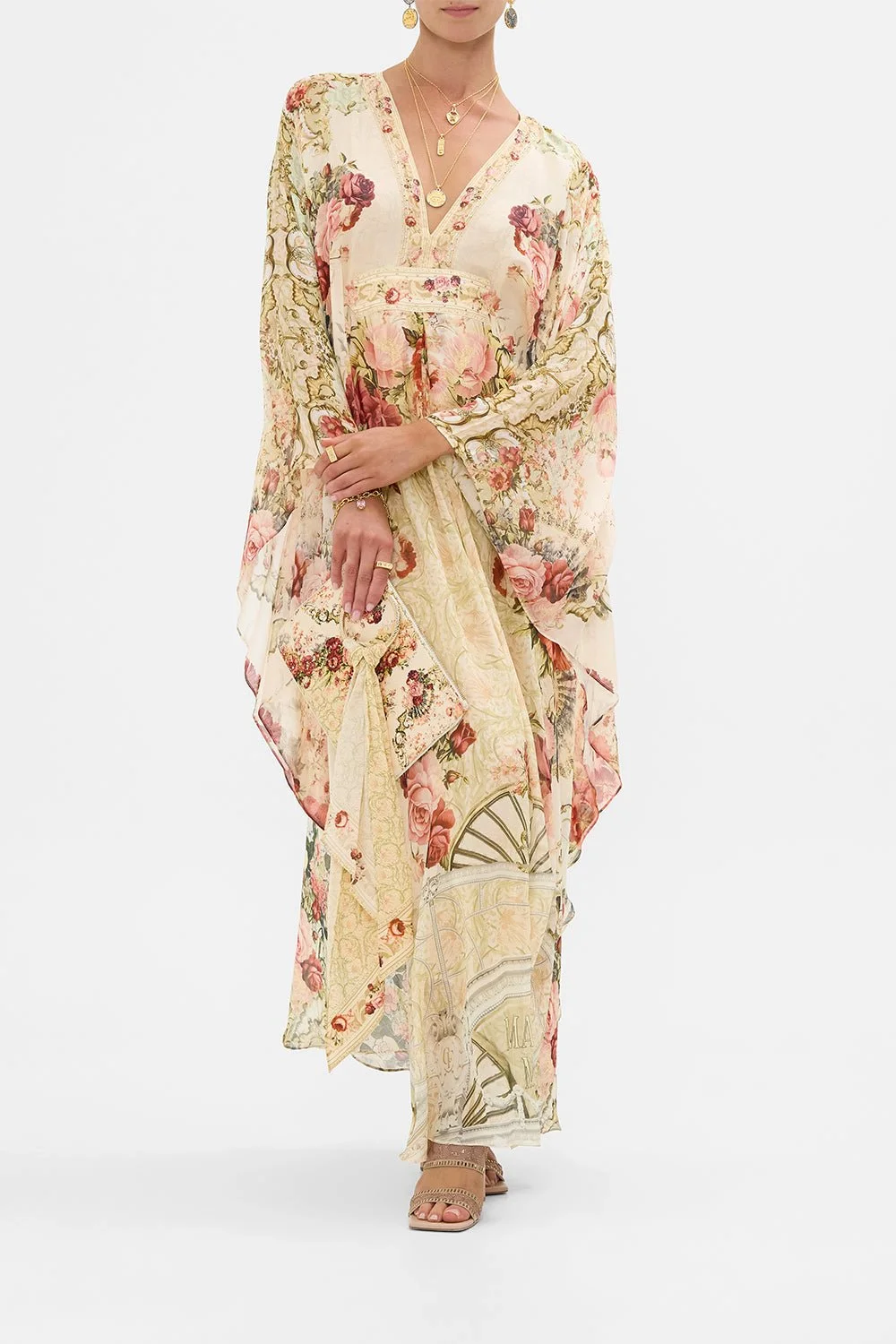 

2025 New Women Rose Print Maxi Dress Crystal Beaded V-Neck Batwing Sleeve Lace-up Waist Loose Elegant 100% Silk Robe