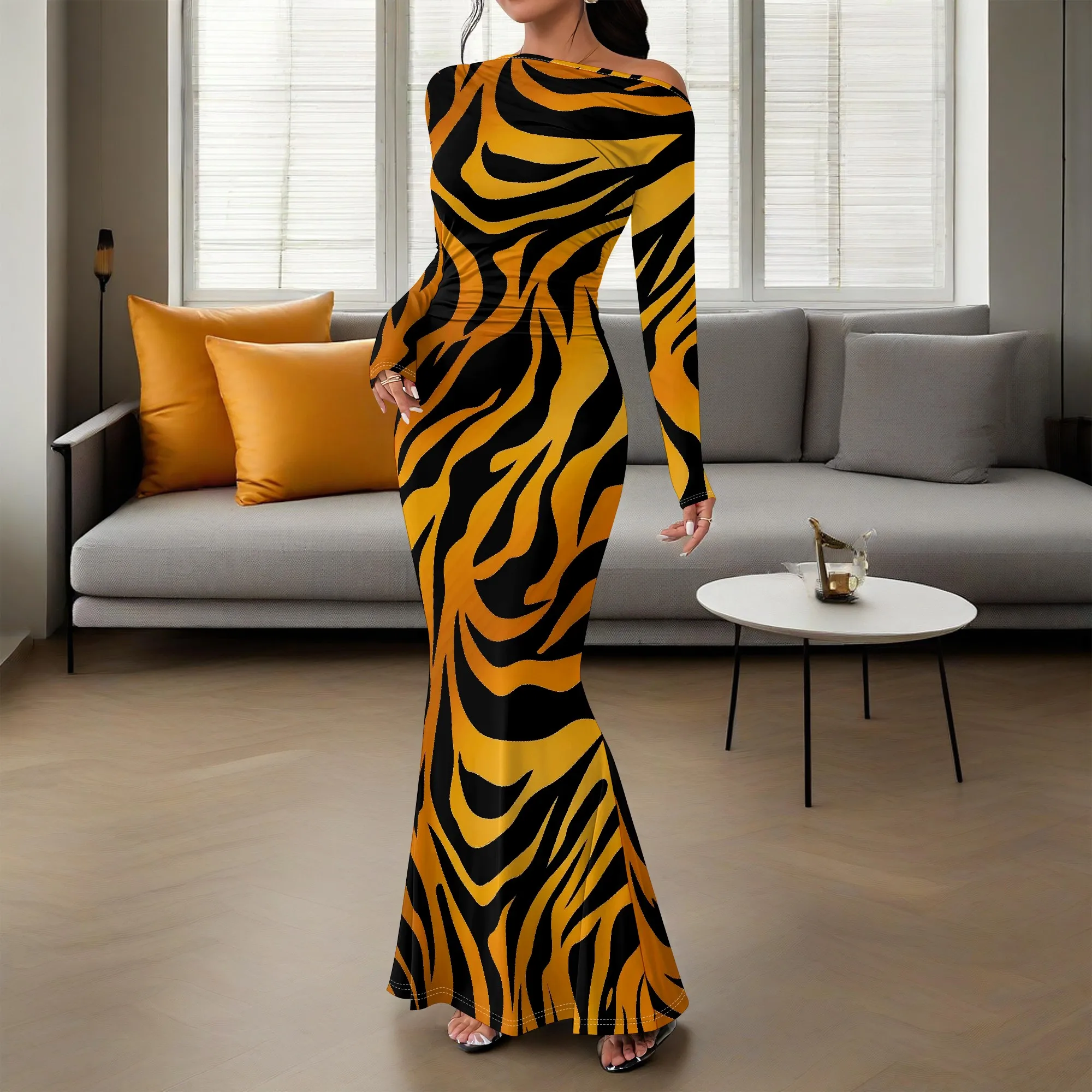 

Women's 2025 XS-3XL African Style Off Shoulder Tiger Stripe Maxi Dress Sexy Fall Long Sleeve Party Dress Plus Size Clothing
