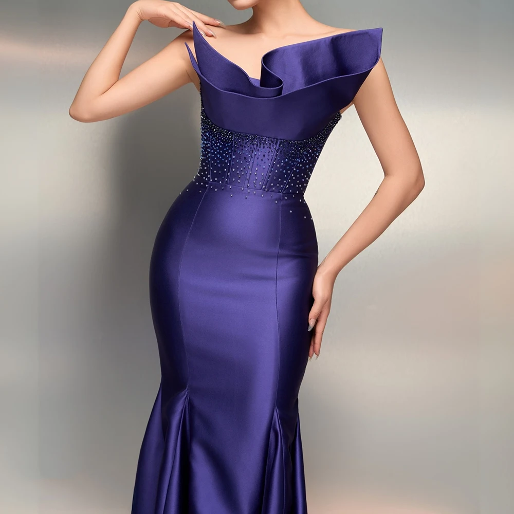 Personalizado a linha vestidos de noite até o chão sem alças sem mangas vestido de baile moda miçangas sem costas simples drapeado vestido de festa