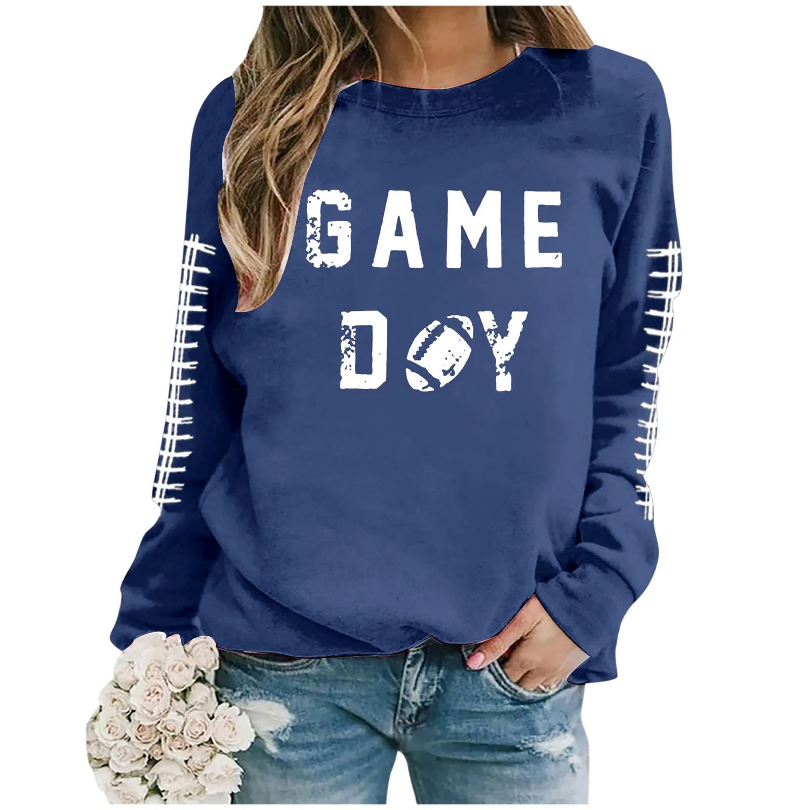 Game Day Women Football Printed Sweatshirts Casual Long Sleeve Graphic Crew Neck Oversized Loose Sweatshirts Women Pullover Top