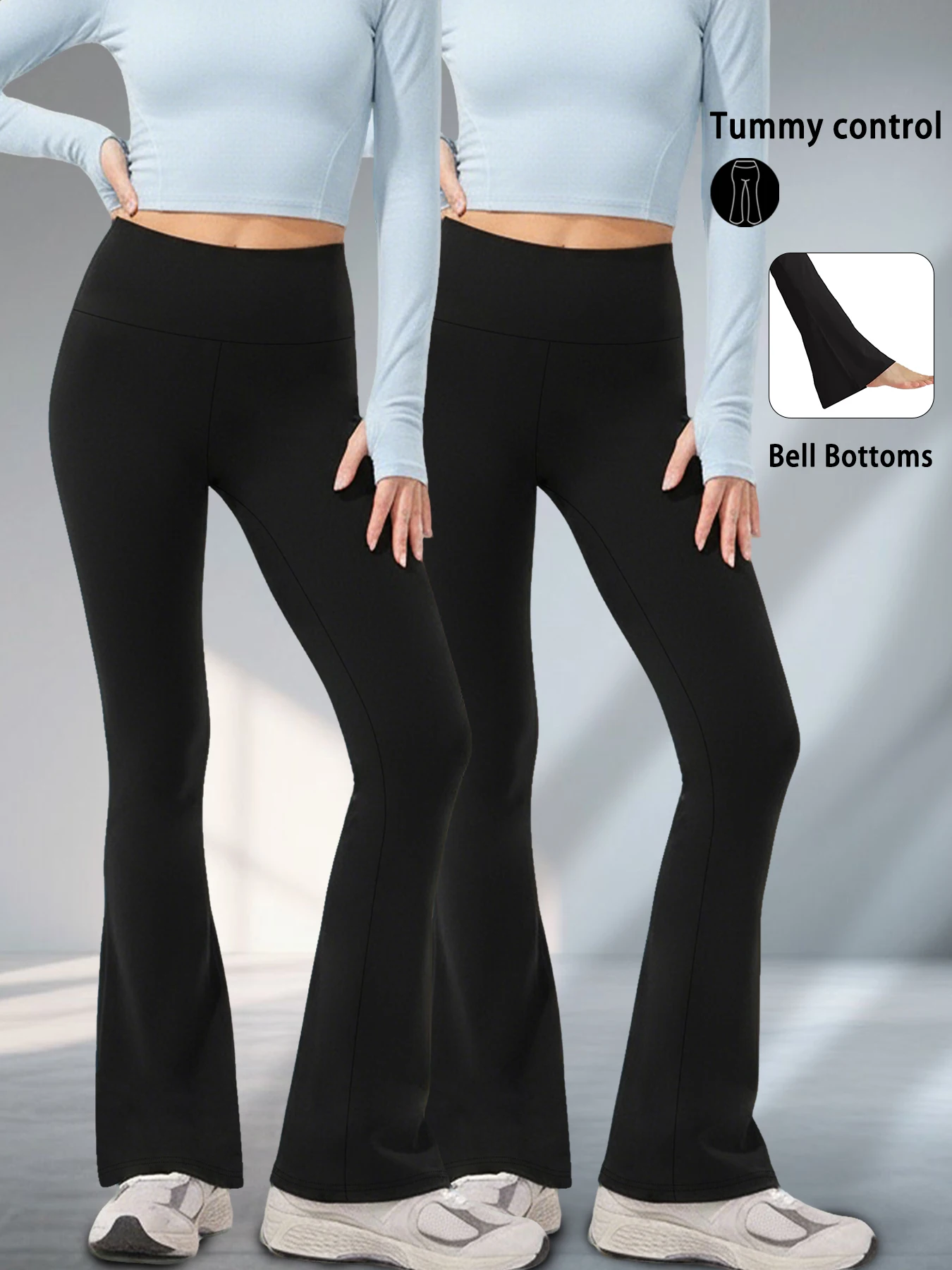 

2 pack Ladies high-rise flared yoga trousers with leg bottom. Perfect for yoga or casual.