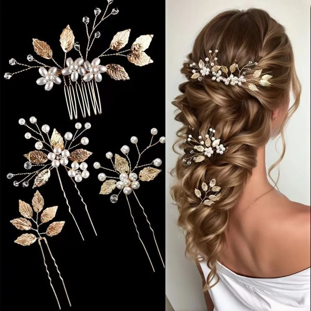 4Pcs Sets Fashion Pearl Wedding Hair Accessories Handmade Elegant Leaf Shaped Tiaras Vintage Flower Hairpin Bride Accessories