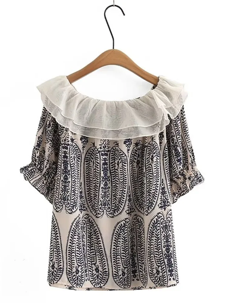 Plus Size Women's Clothing Summer Short-Sleeved T-Shirt No Elasticity Ruffled O-Neck Printed Shirt For Obese Ladies Up To 220lbs