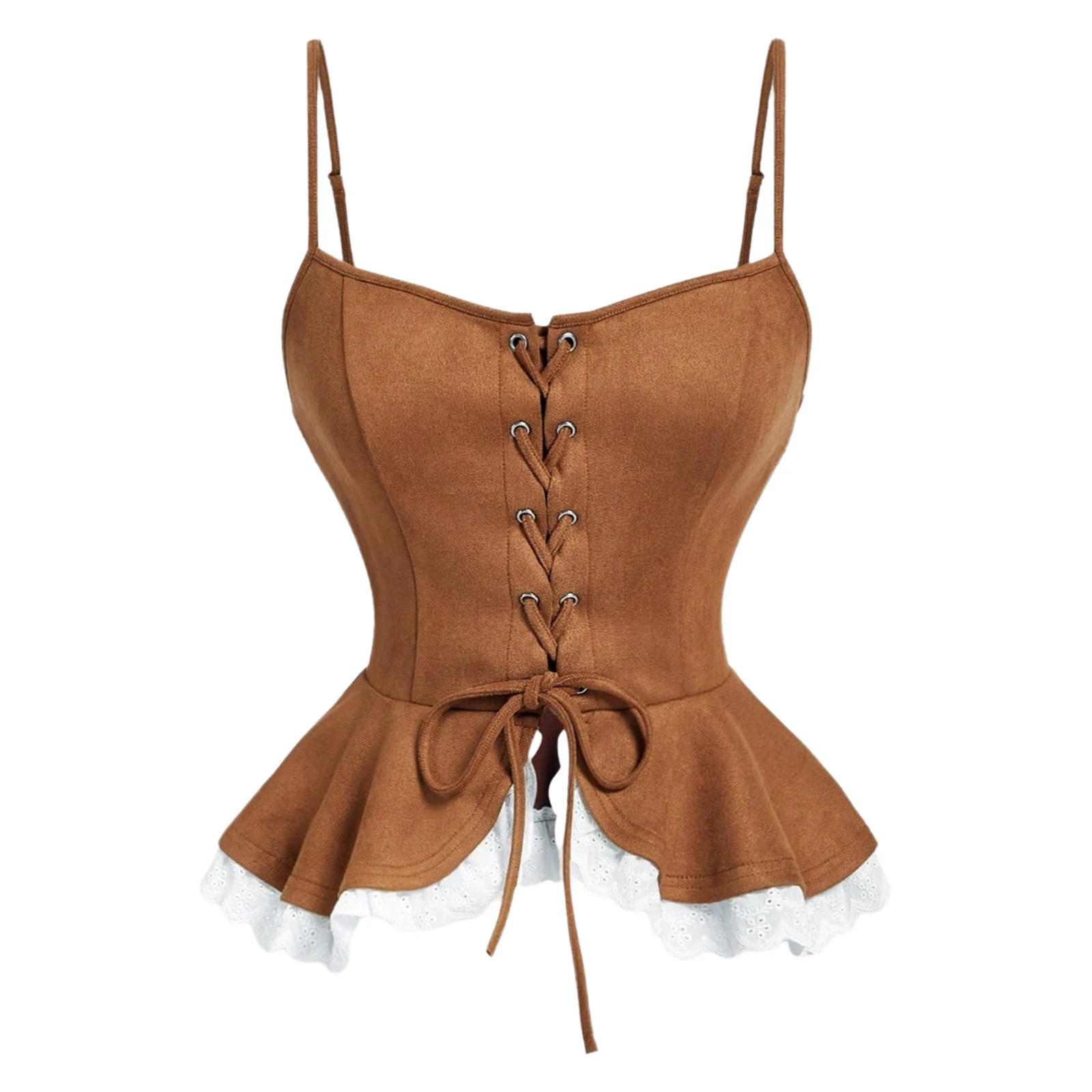 

Womens 70s Cowgirl Crop Camisole Medieval Steampunk Pirate Corset Tops Sleeveless Lace-up Ruffled Peplum Faux Suede Tank Top