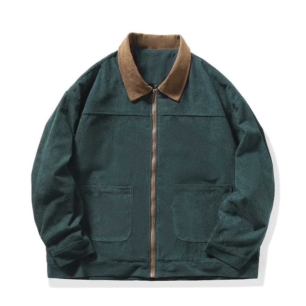 Men Corduroy Lapel Cargo Jacket Zipper Loose Color Matching Casual Outwear Coat