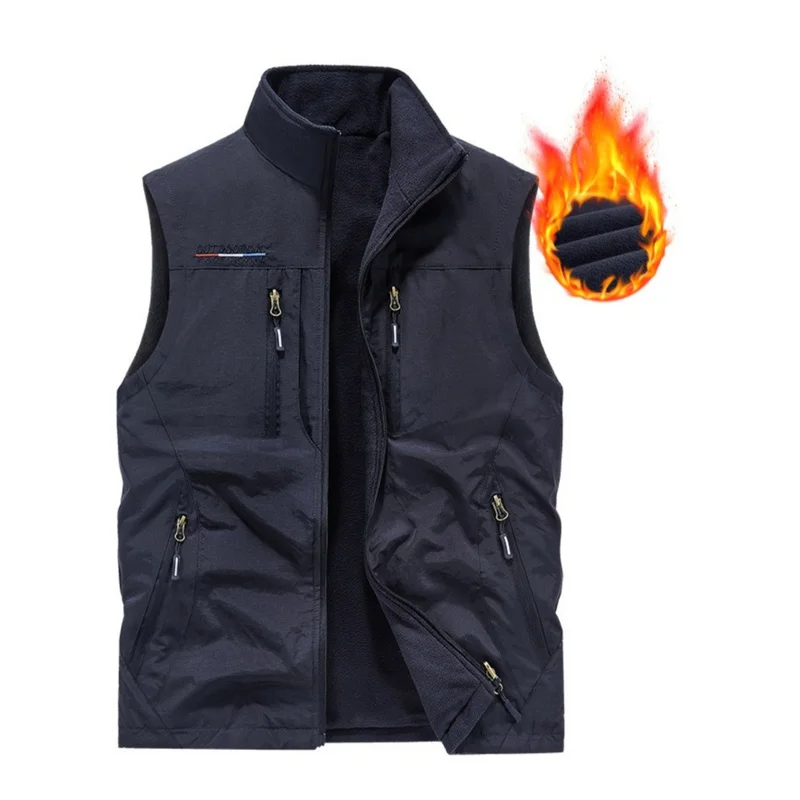 Men's Outdoor Multifunctional Vest Stand Collar Winter Fleece Warm Photography Sleeveless Jacket Male Motorcycle Man Outerwear