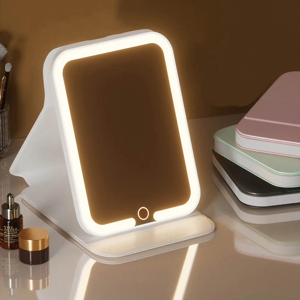 Portable Smart LED Cosmetic Mirror Magnifying Pocket Square Glass with Fill Light Three-color Folding Desktop Dorm Home view 5