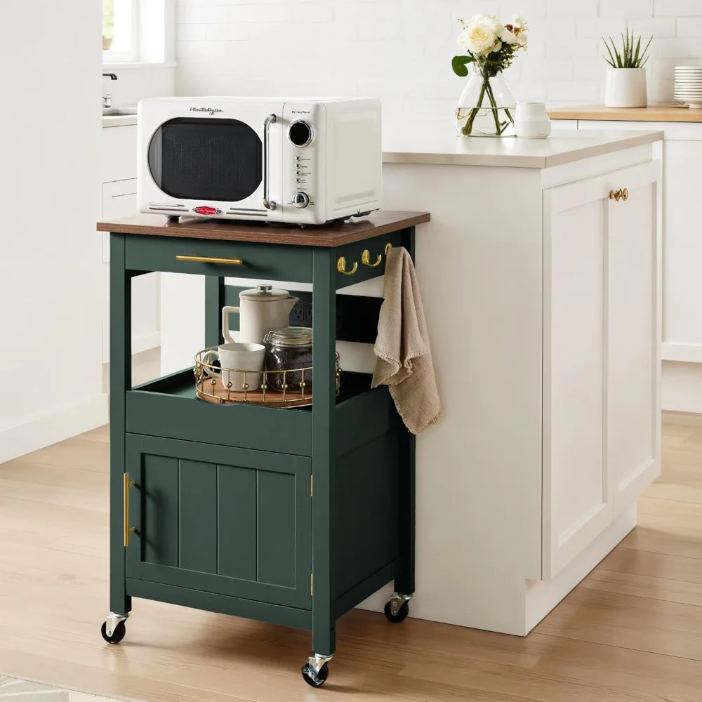 

Rolling Kitchen Island Cart, Single Door Cabinet W/Drawer, Sliding Tray, Outlet, Swivel Lockable Wheels, Hooks, Customized