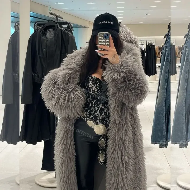 Neo Mint Extra Long Eco Lamb Sheep Fur Coat Women 2024 Winter Ladies Mob Wife Style Oversized Chunky Faux Fur Jacket Overcoat