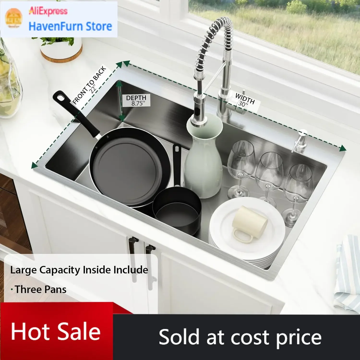 

Кухонная мойка Activity Price 30 дюймов, накладная, 30x22 дюйма, из нержавеющей стали, с одной чашей, ручной работы, с сливным механизмом