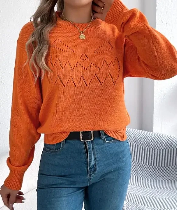

Sweater 2025 Solid Women's Casual Hollow Out Lantern Long Sleeve Pullovers Halloween Women's Clothing Fashion Knitted Top