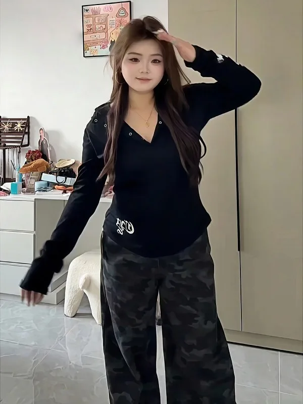 plus Size Slimming American Retro Letter Print V-Ne Long Sve Base irt Women Early Autumn New Sle Fitting Inner Wear