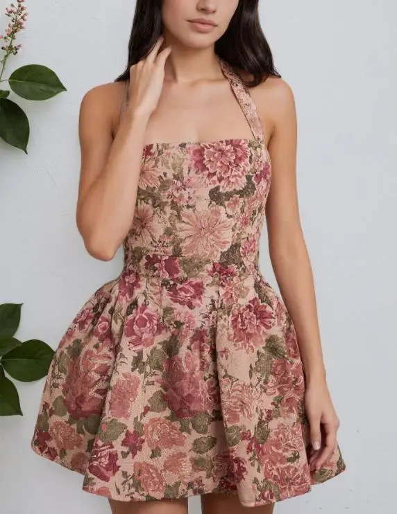 

Summer New Elegant Slim Fit Girl Style Princess Dress with Flower Embroidery and Knitted Square Neck Backless Hanging Neck Dress