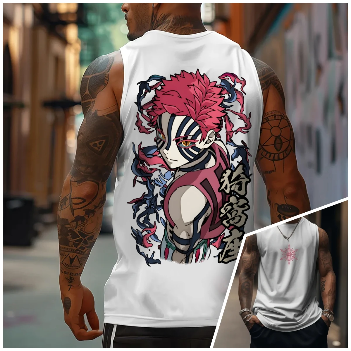 

Bandai Jogen 3 Akaza Demon Slayer Anime Oversized Print Men's Gym Tank Top Sleeveless Shirts Summer Quick-dry Light Plus Size