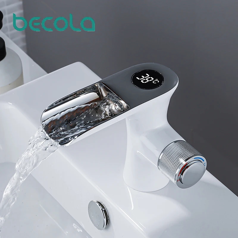 

Becola Temperature Bathroom Basin Digital Display Faucet Single Handle Waterfall Spout Faucets Deck Mount Mixer Cold Hot Taps