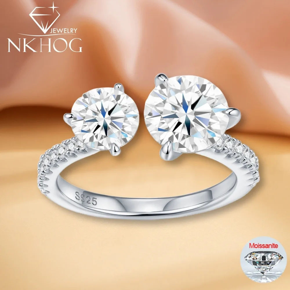 

NKHOG Full Moissanite Open Rings For Women 925 Sterling Silver 2 Stones Design Diamond Band 18K Plated No Fade Fine Jewelry GRA
