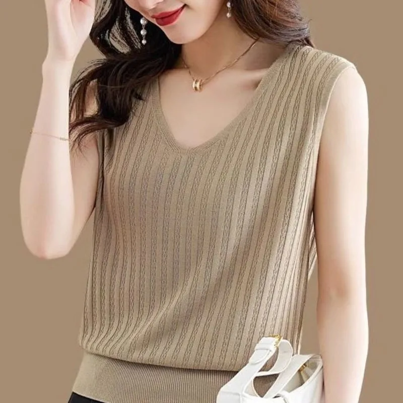 Women Solid Ribbed Knitted Summer Tank Top V-neck Ultra-thin Slim Sleeveless Soft Top Comfortable Multicolor Casual Camisole