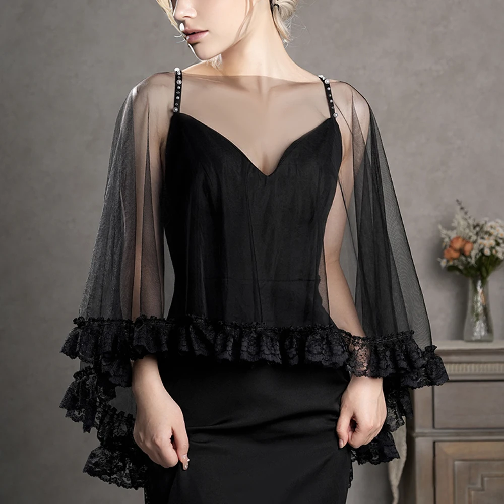 black short bridal shrug delicate lace trim elegant dark style valentine party shawl wedding bridal accessory VPG55