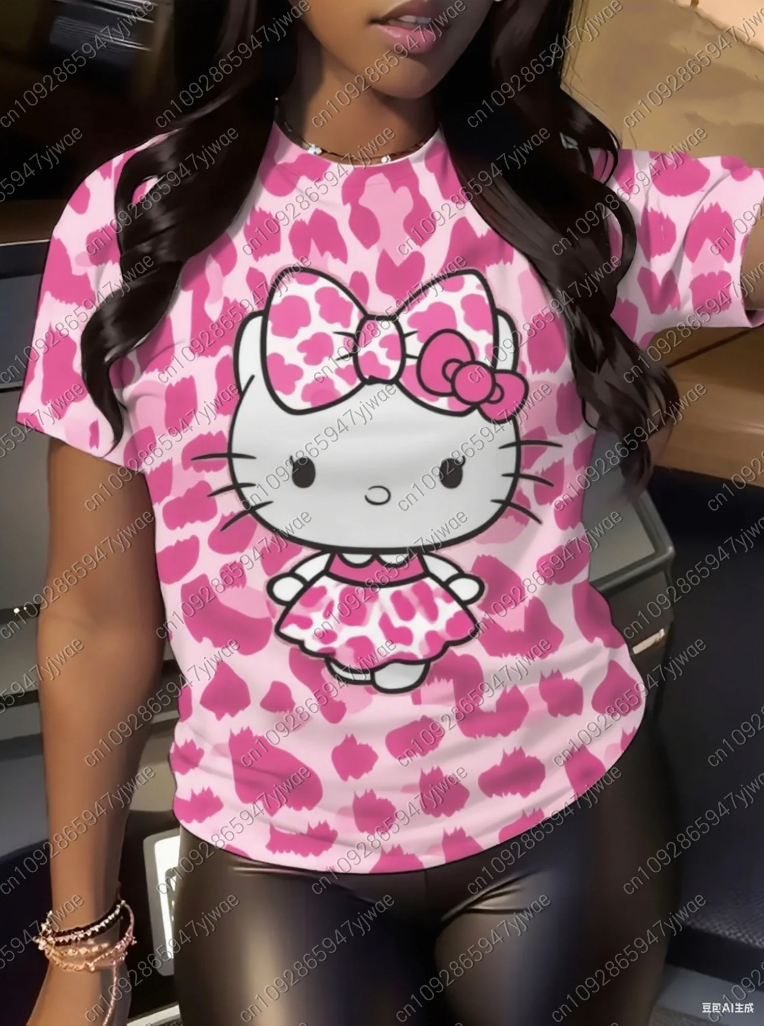 2025 Donna Leopard KITTY Stampa Donna Estate Basic Manica corta O-Collo Tees Casual Retro Ladies Sport Plus Size Abbigliamento donna