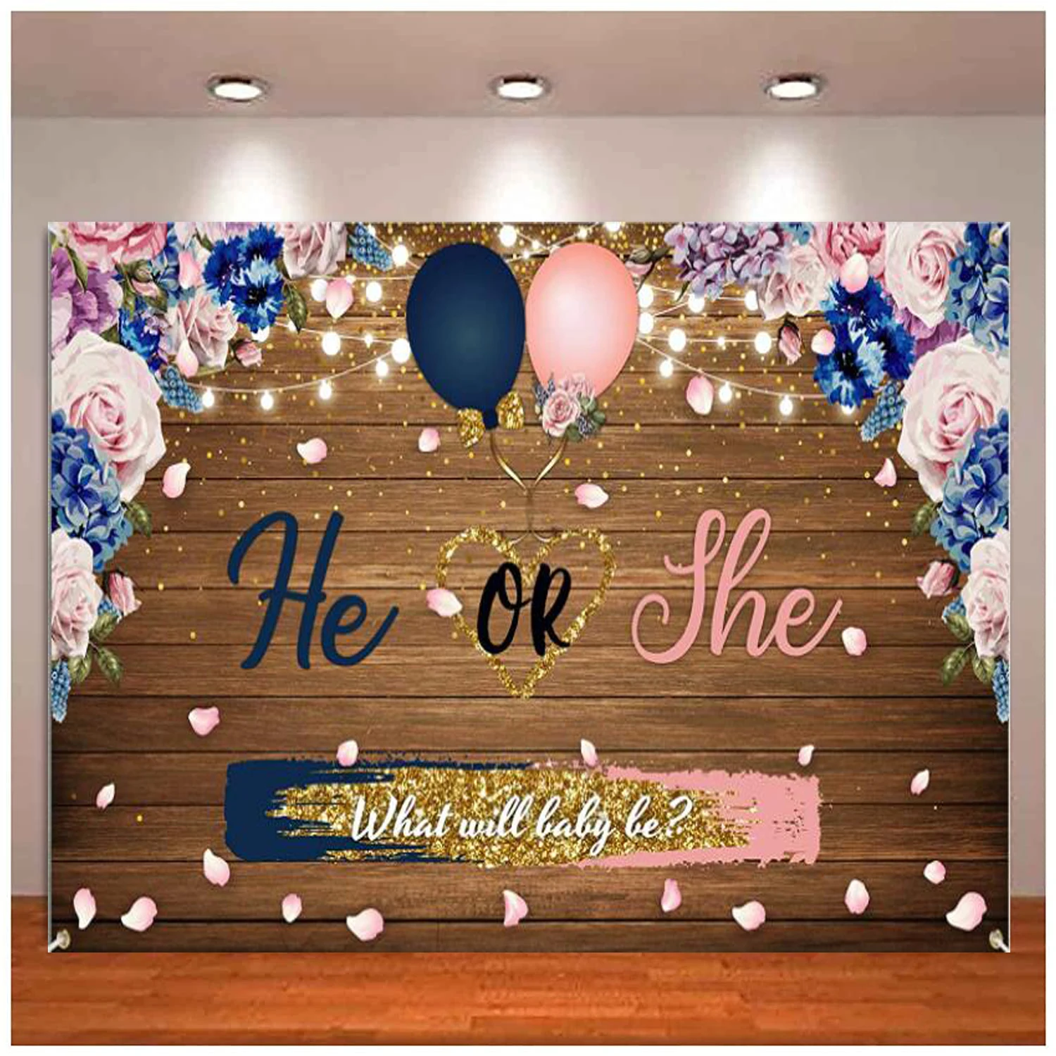 

Gender Reveal Decoration Photography Backdrop Banner He Or She What Will Baby Be Pregnancy Wooden Background Rustic Baby Party