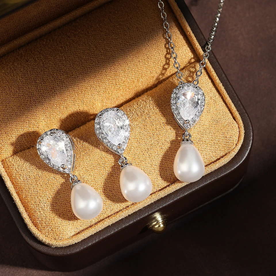 ZAKOL Elegante Imitation Perle Zirkonia Ohrring Halsketten Sets Exquisite Hochzeit Verlobung Party Schmuck Geschenk Mit Verpackung Box – Detail 5