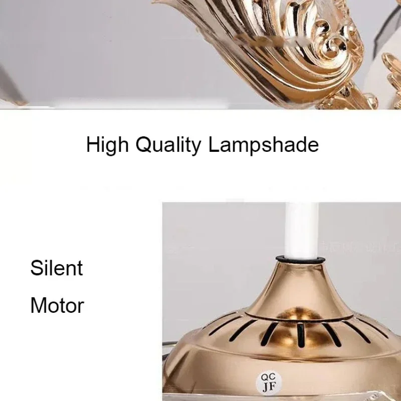 Nueva lámpara de ventilador de techo de lujo invisible europea de cristal, lámpara de ventilador atmosférico inverso retro con control remoto para sala de estar